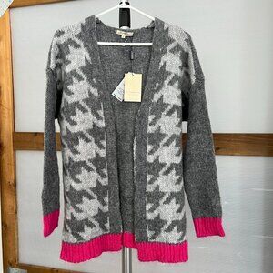 NWT Elisabetta Collection Wool Mohair Blend Houndstooth Cardigan Grey Pink Sz S